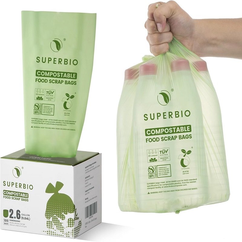 SUPERBIO 3 Gallon Compostable Food Waste Bag, Biodegradable Flat Top Food Waste Bag