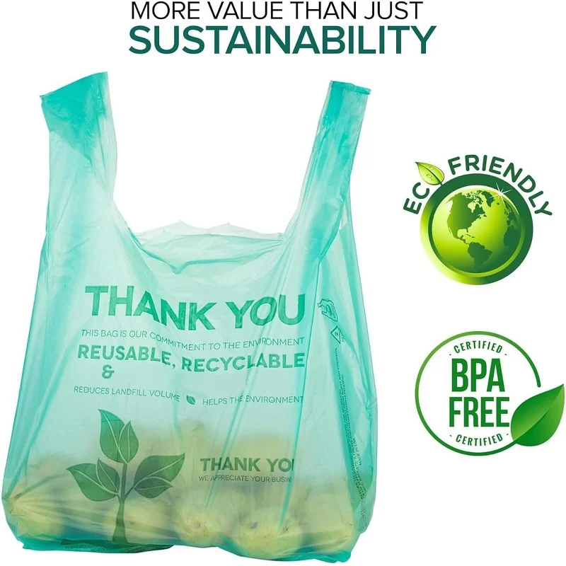 biodegradable pla+pbat supermarket thank you shopping bag, recyclable t shirt bag biodegradable pla+pbat supermarket thank you shopping bag, recyclable t shirt bag